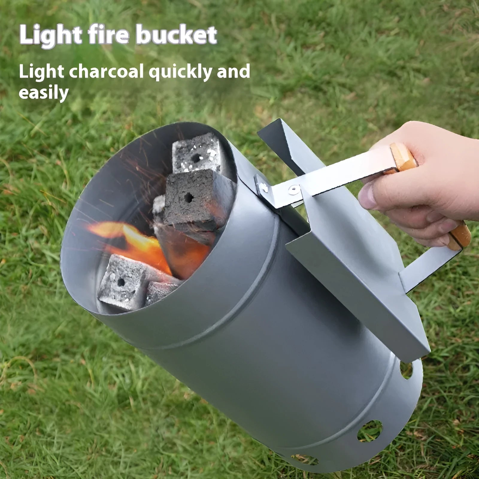Zinc-iron alloy outdoor charcoal fire bin with point carbon barrel style and oven igniter.