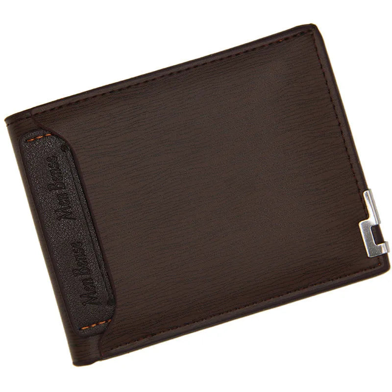 Men's black iron-edge short wallet showing card slots and coin compartment