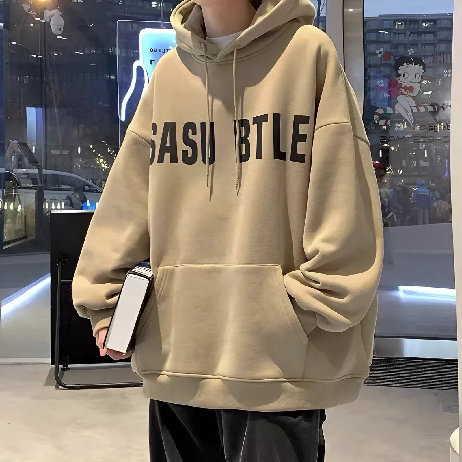 Men's loose fit hooded sweater in khaki, polyester, long sleeves, topstitching pocket