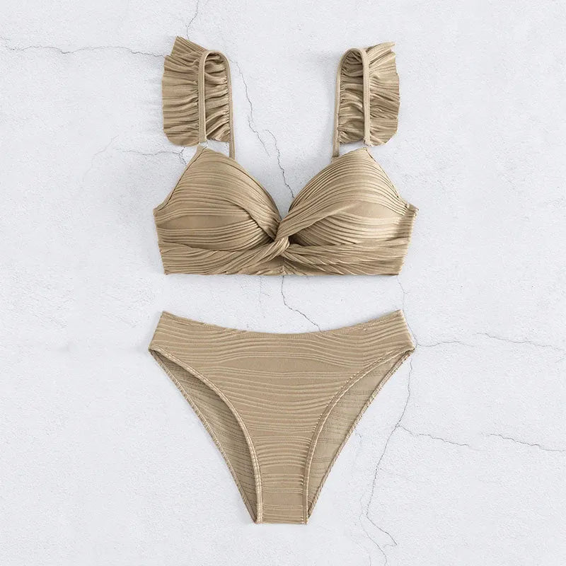 Women's solid colour bikini swimsuit in black or khaki on a mannequin.