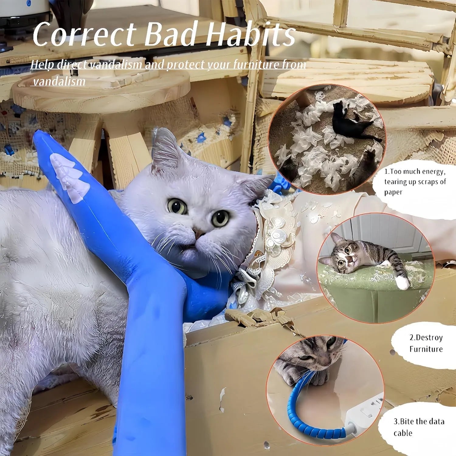 Blue plush cat wand toy with foam-filled front section, 70cm length