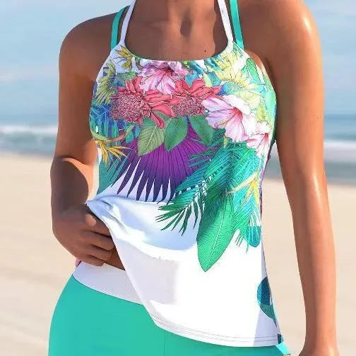 Large floral pattern women's swimsuit in purple-red colour with chest padding, two-piece design