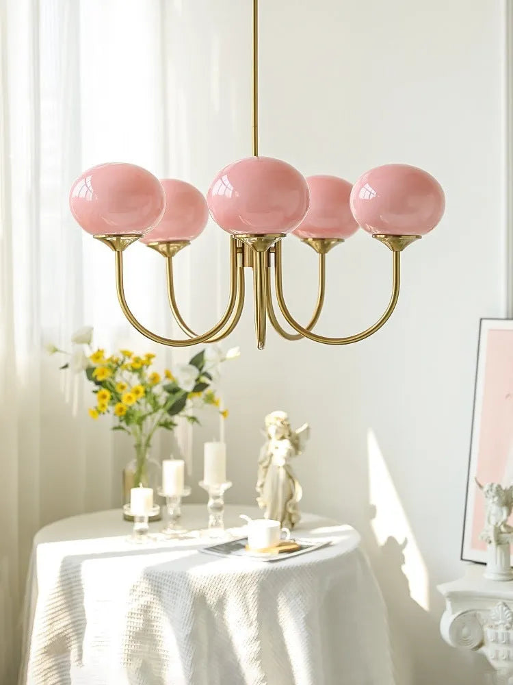 5-head retro glass chandelier with iron frame and LED tricolour light in pink gold finish