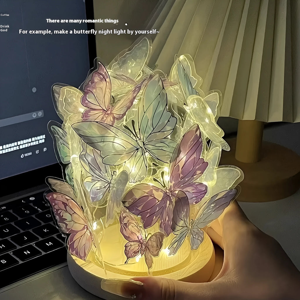 Butterfly night lamp with glass shade and wood base measuring 12x15cm