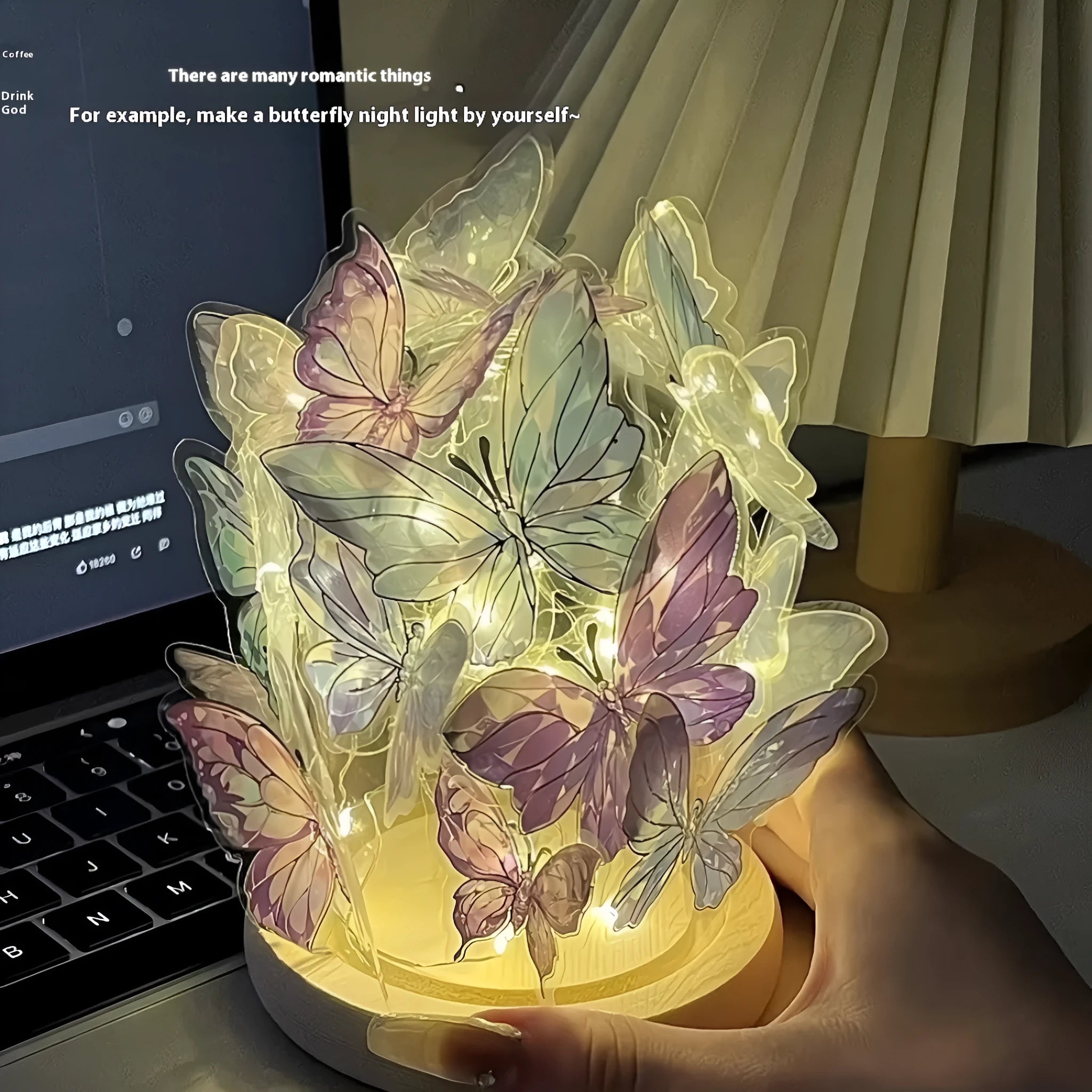 Butterfly night lamp with glass shade and wood base measuring 12x15cm