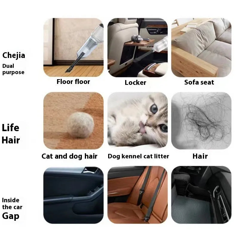 Black handheld wireless car vacuum cleaner with USB charging cable for portable interior cleaning