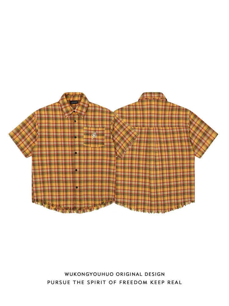 Yellow grid plaid short sleeve shirt with embroidery chest pocket, loose fit design