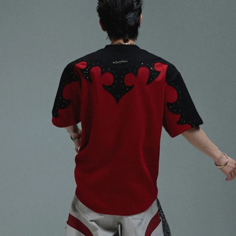 Men's grey cotton short sleeve shirt with 3D stitching and rhinestone flower embroidery detail