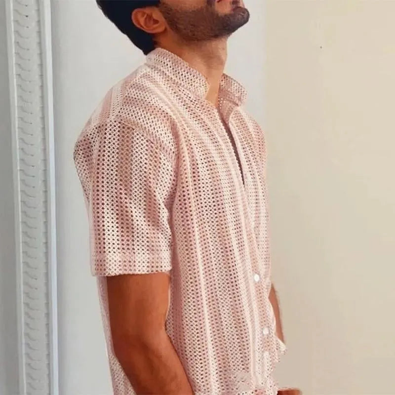 Men's pink waffle weave cardigan shirt with loose fit and short sleeves