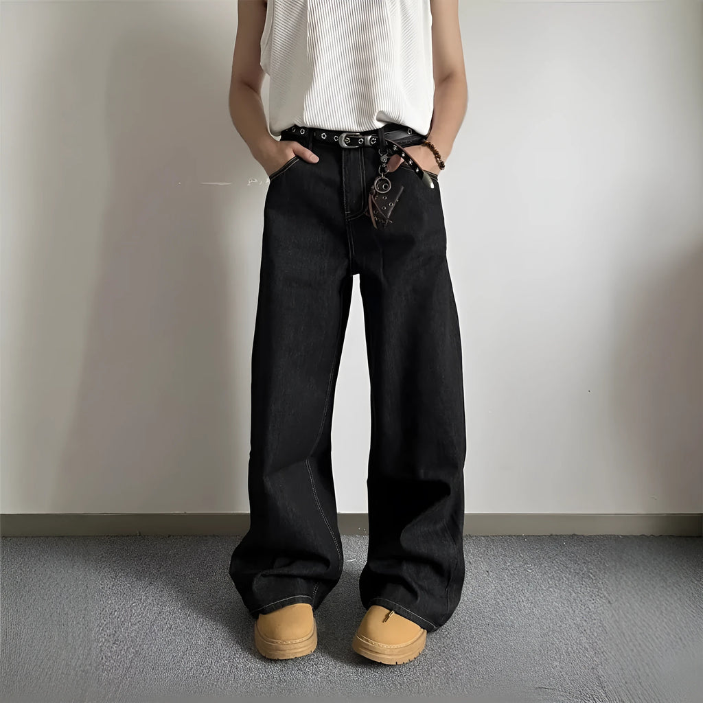 Black loose wide-leg straight-leg jeans with mid-waist and zip fly in retro style