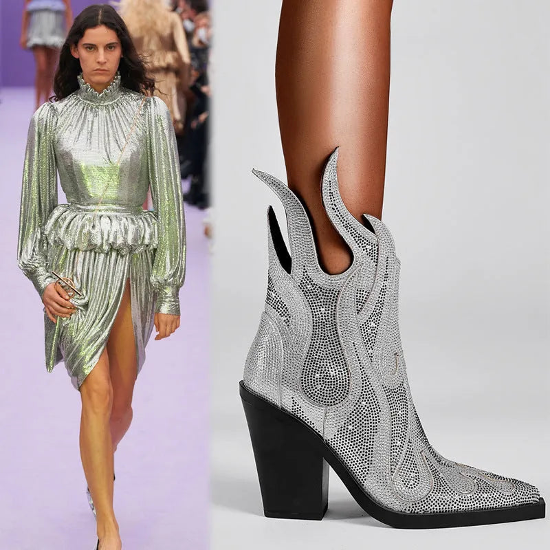 Women's square toe Martin boots with chunky heel, rhinestone flame design, and side zipper in multiple colours