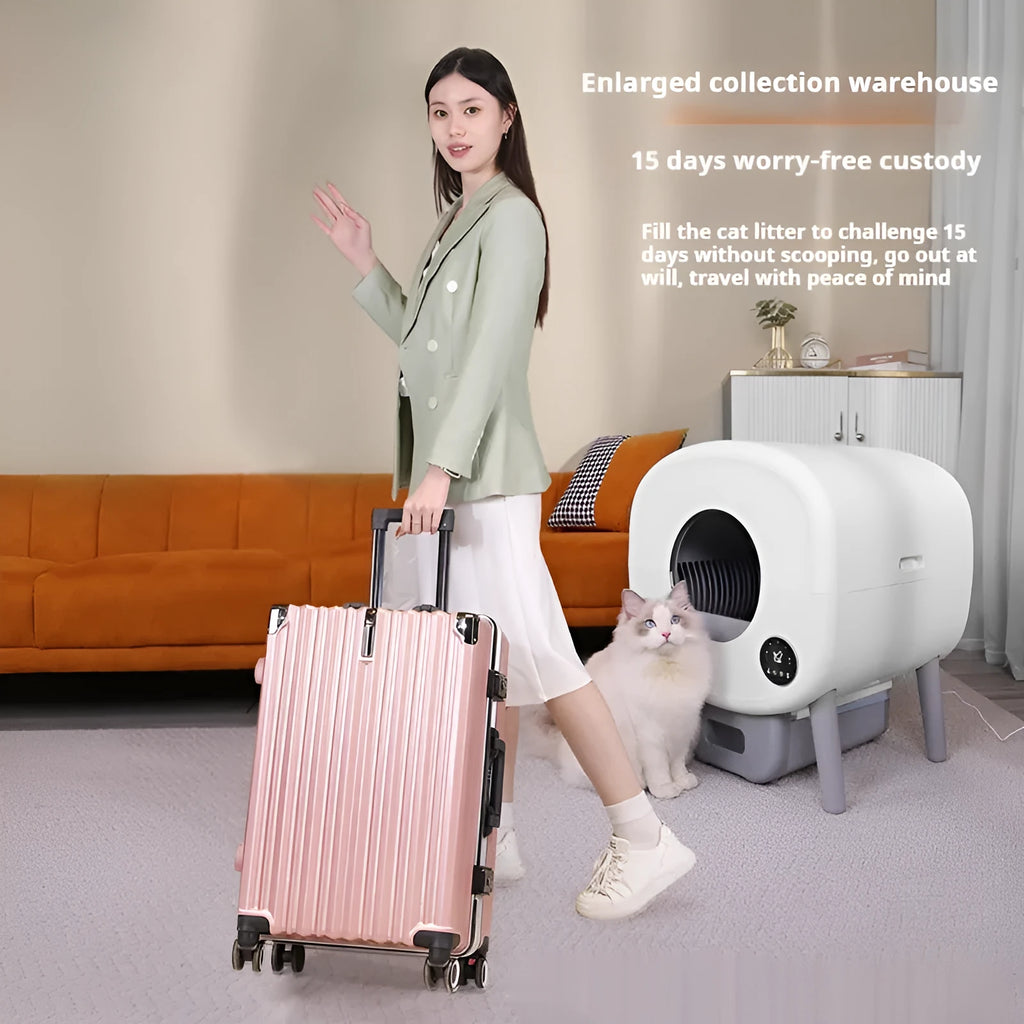 White intelligent automatic self-cleaning cat litter box with control panel on ABS plastic housing.