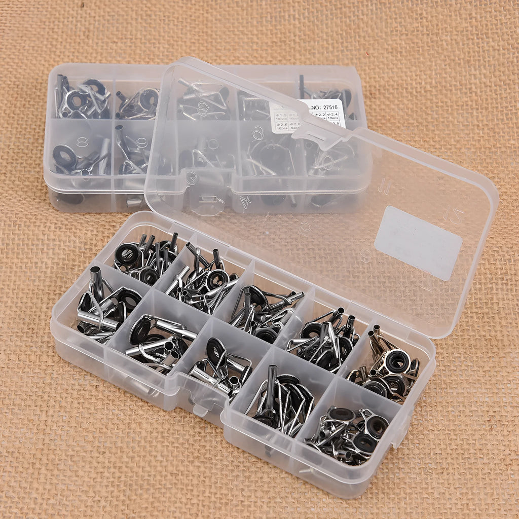Boxed set of 80 alloy sea fishing rod slightly guide rings in colour-coded compartments
