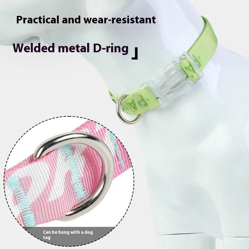 Adjustable nylon dog collar with cartoon gradient printing in panda green and other colours.