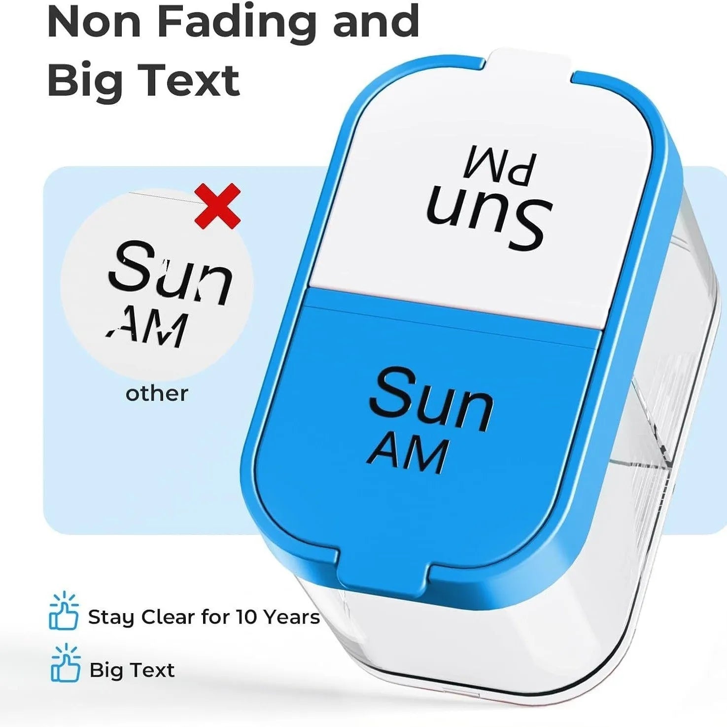 Large white plastic pill organiser with 14 removable compartments lined up next to the main case.