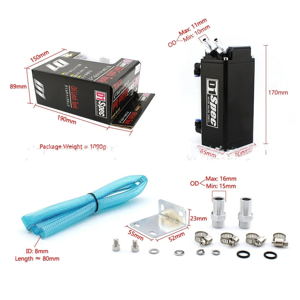 Oil catch can for car modification in choice of black, red, silver, or blue, showing round and square model options.