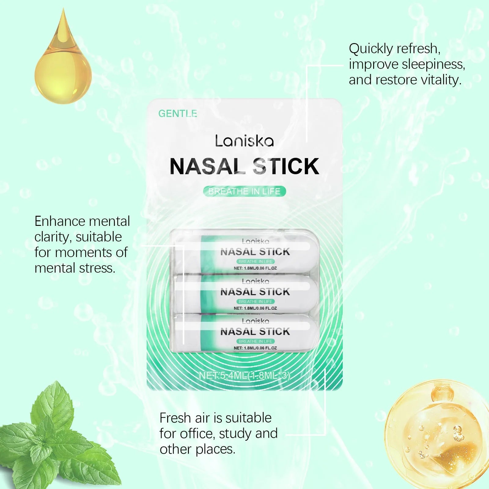Mint Cool Nose Soothing Set showing three 1.8ml nasal spray applicators with menthol spearmint formula