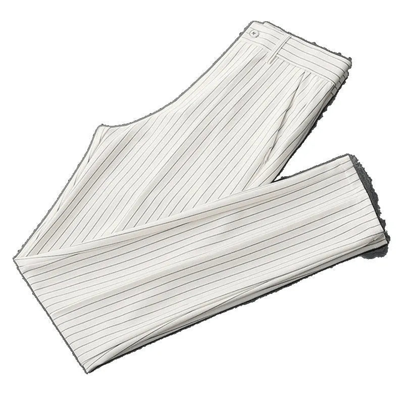 Men's loose fit striped casual suit pants in black and white, showing crop jeans and trousers style options