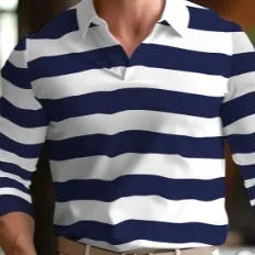 Men's long sleeve retro polo shirt with button-up front in a loose fit on a model.