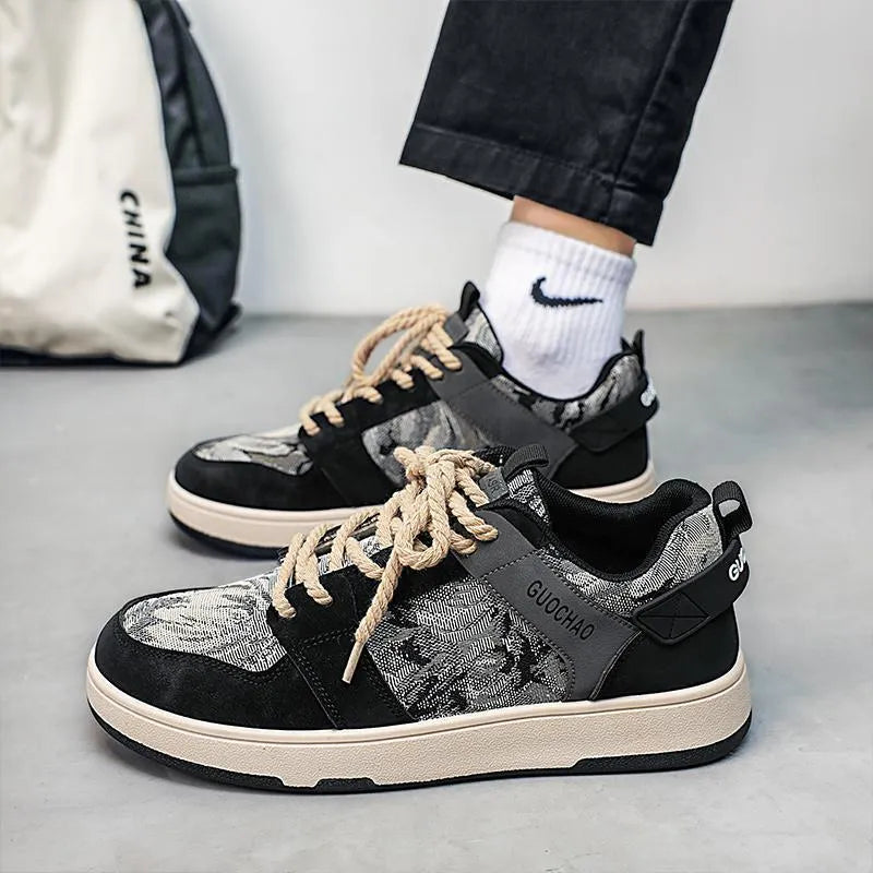Men's low top lace-up sneakers with oil painting colour block pattern, PU upper, rubber sole, flat heel