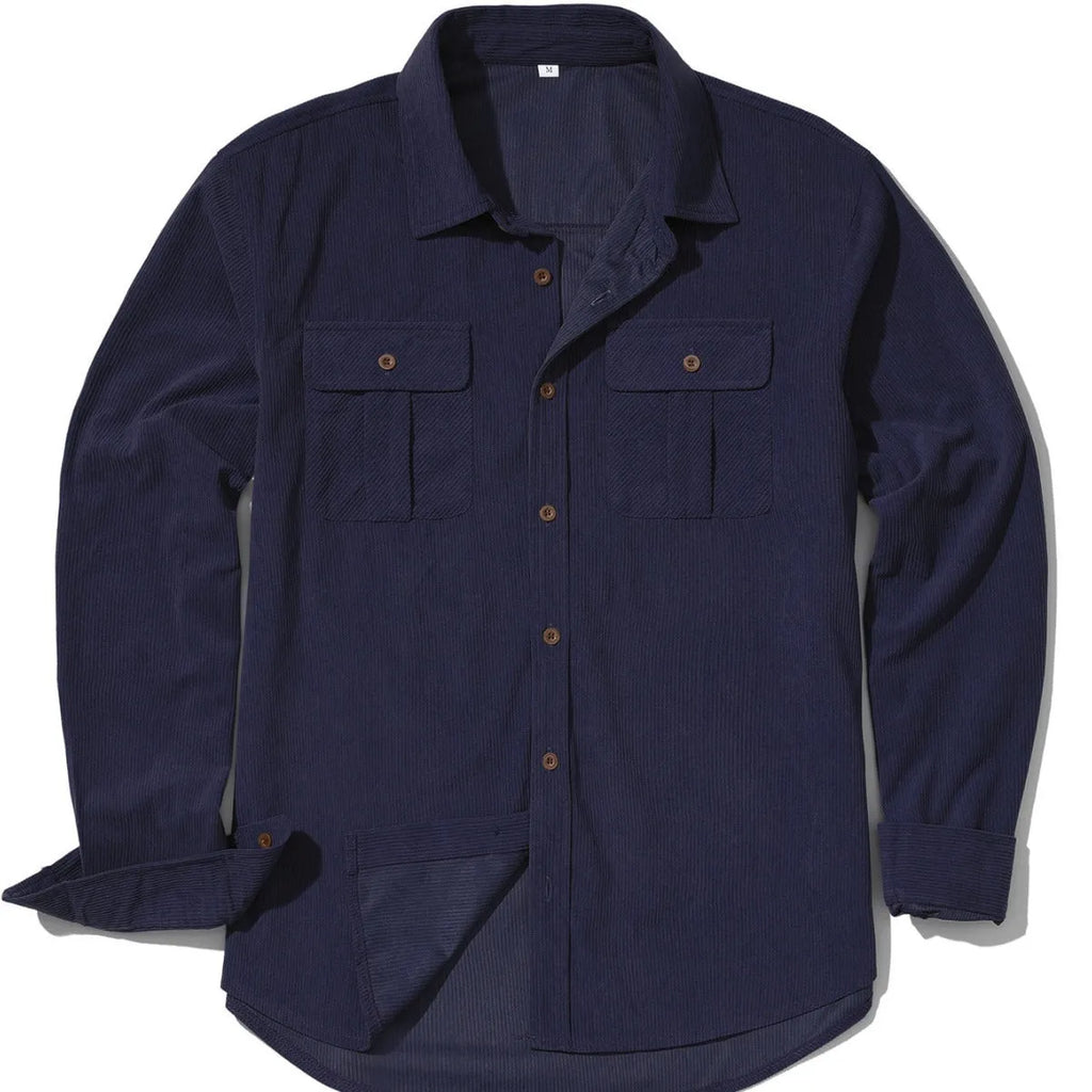 Men's retro corduroy shirt with velvet finish in Army Green colour showing loose fit and long sleeves