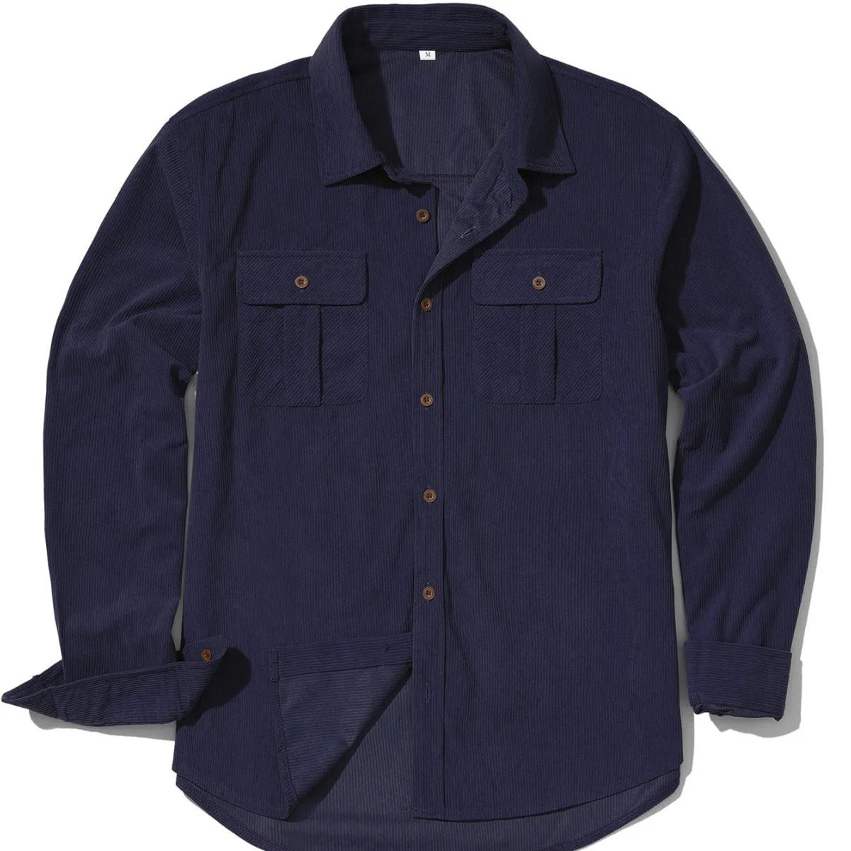 Men's retro corduroy shirt with velvet finish in Army Green colour showing loose fit and long sleeves