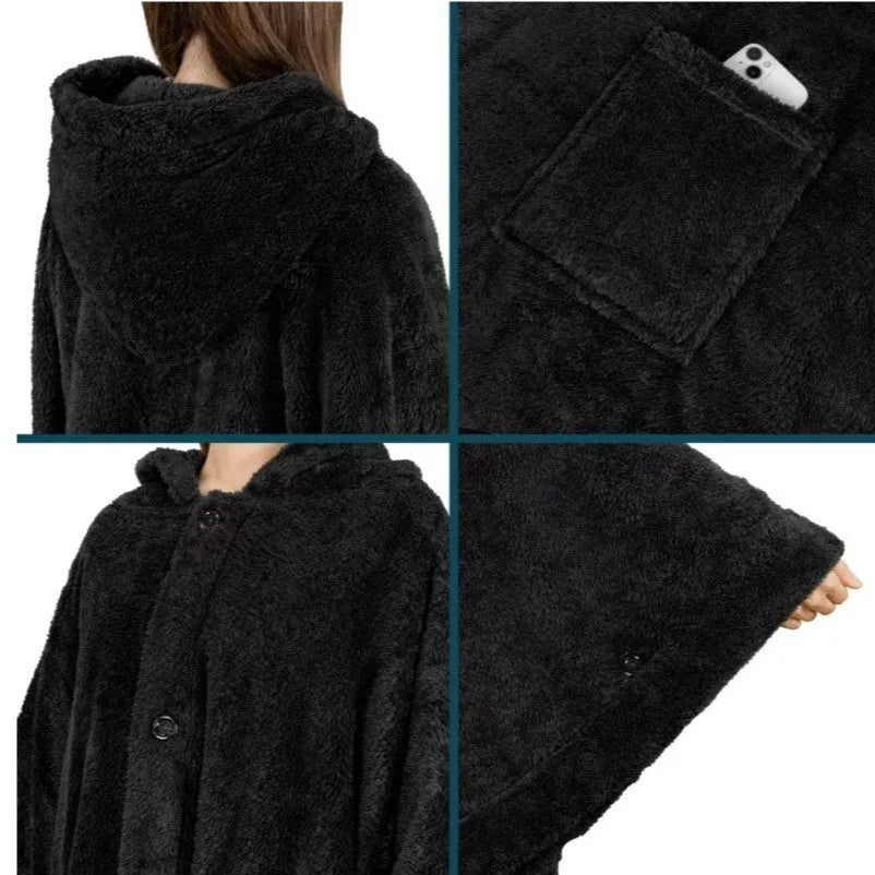 A thick, hooded, long-sleeve bathrobe in a solid colour, shown on a hanger.