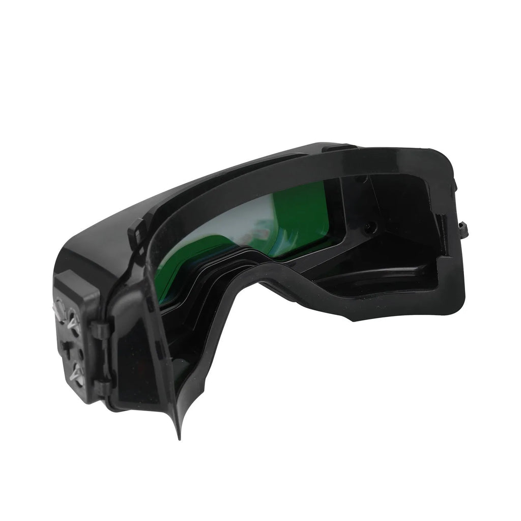 Black automatic welding mask with auto-darkening lens and adjustable sensitivity for electric welding protection.
