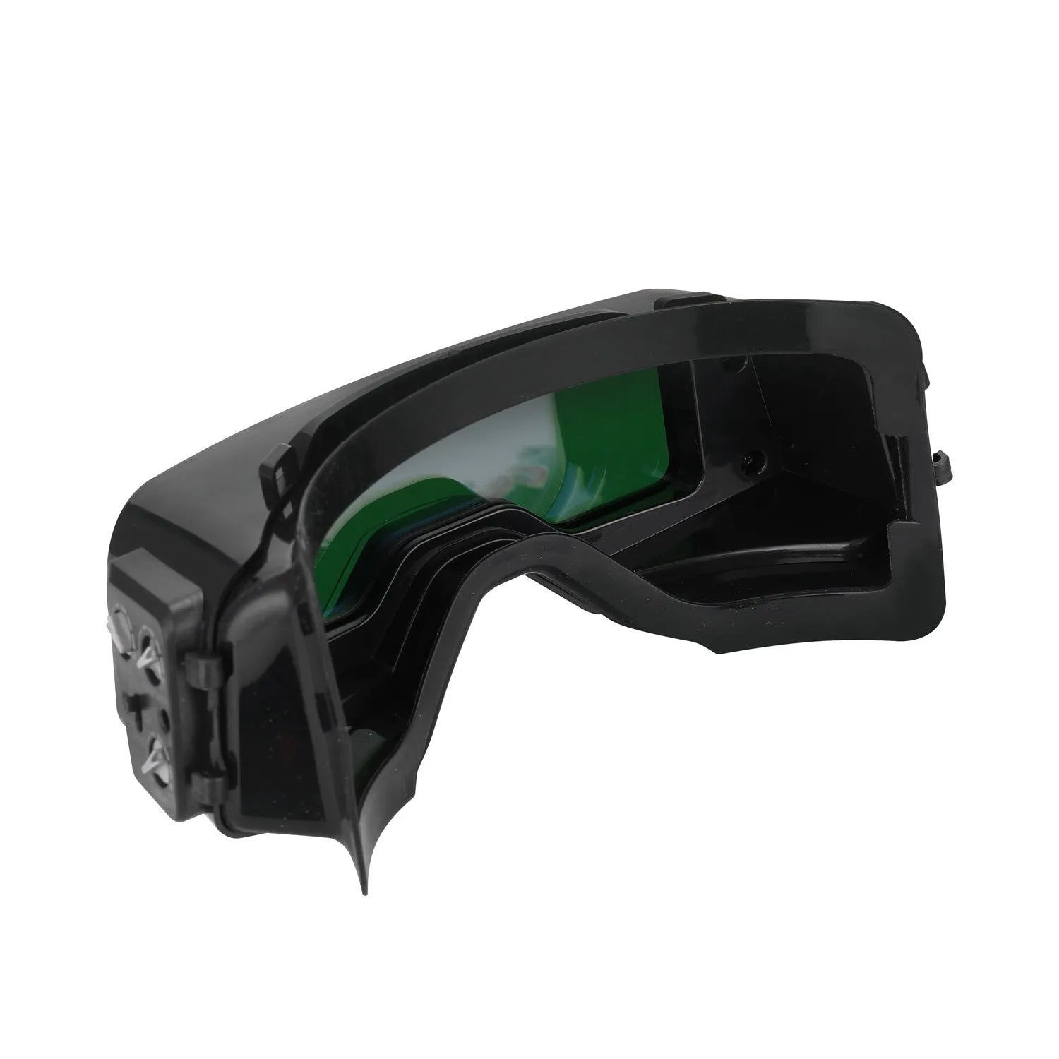 Black automatic welding mask with auto-darkening lens and adjustable sensitivity for electric welding protection.