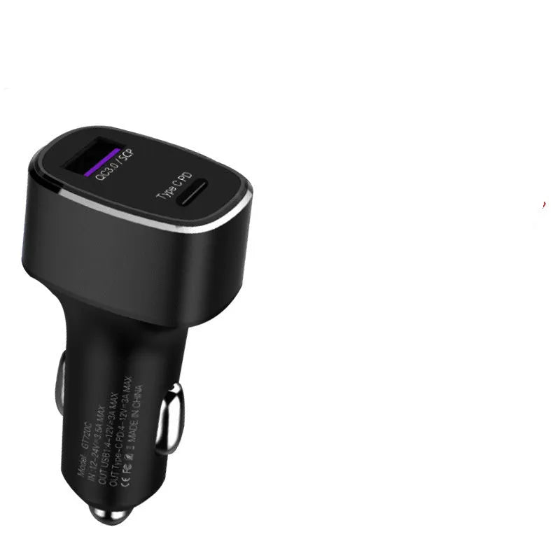 Dual USB Type C car charger with black or grey housing for cigarette lighter fast charging
