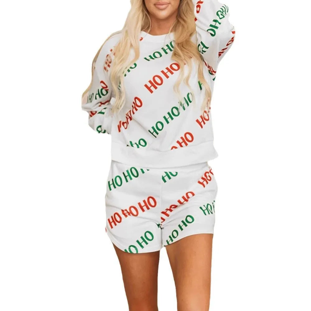 White women's long-sleeved two-piece suit with black letters print and contrast street fashion details.