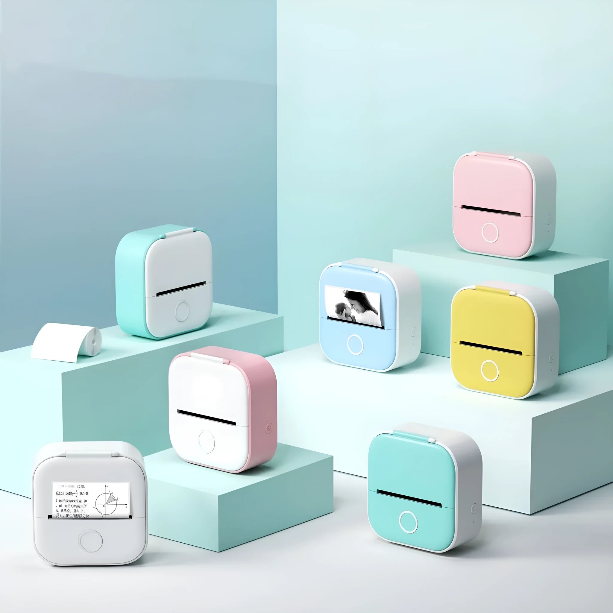 Mini portable USB printer with rabbit ear protective case in pink, green, or white.