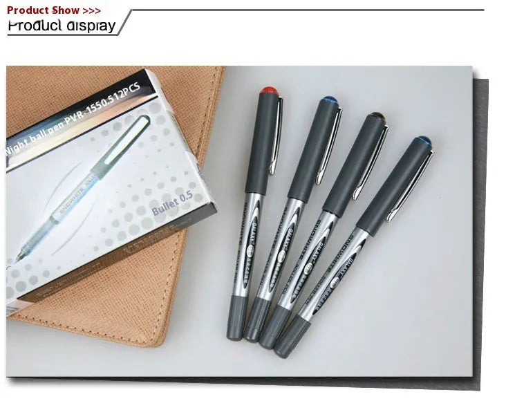 Box of twelve 0.5mm fine point signature pens with quick-drying ink in black, blue, red, and ink blue.