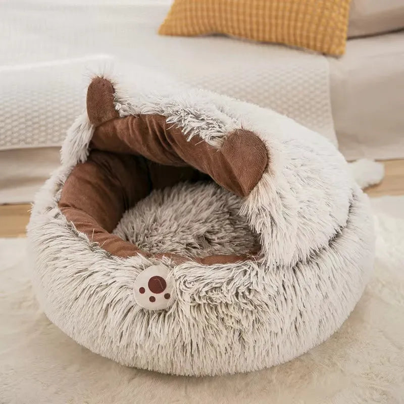 Round plush cat bed in brown or grey with non-slip rubber sole, available in 40cm, 50cm, 65cm and 100cm sizes
