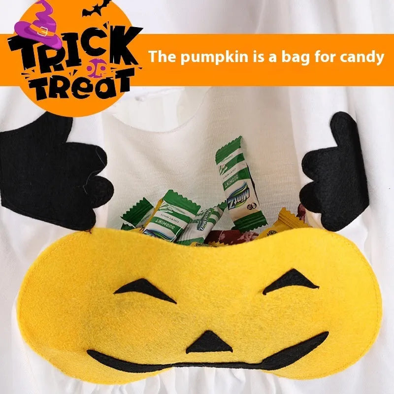 White pumpkin ghost Halloween costume for dogs, shown in viscose fibre material with S, M, L size options.