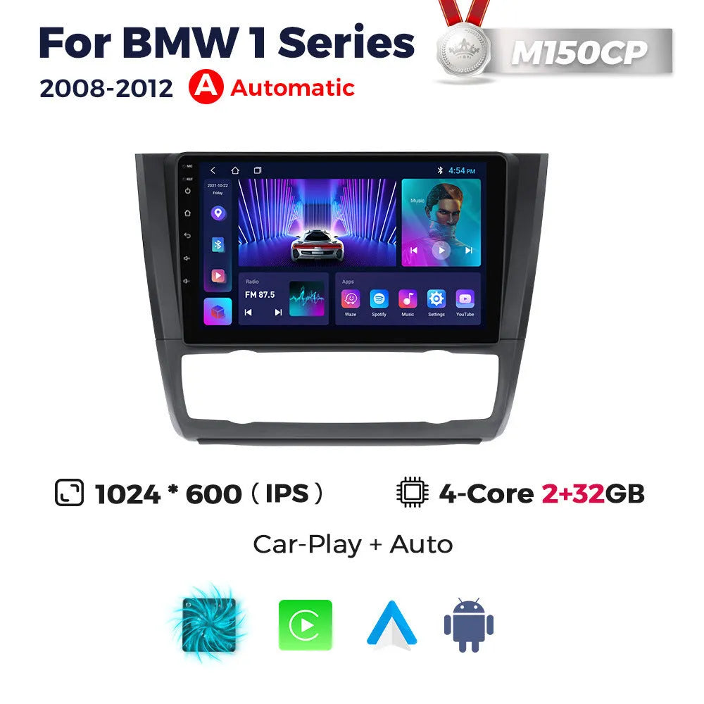 9-inch Android car navigation touchscreen unit for BMW E87 vehicle dashboard.