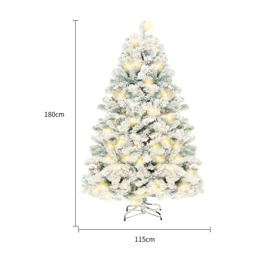 Green and white PVC artificial snow Christmas tree with metal stand, shown at 180cm and 230cm heights.