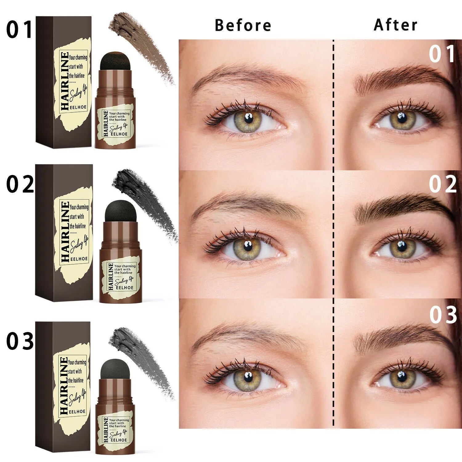 24-piece eyebrow stamp stencil kit with airbrush stamp, 24 stencils, and 4-colour powder on a white background