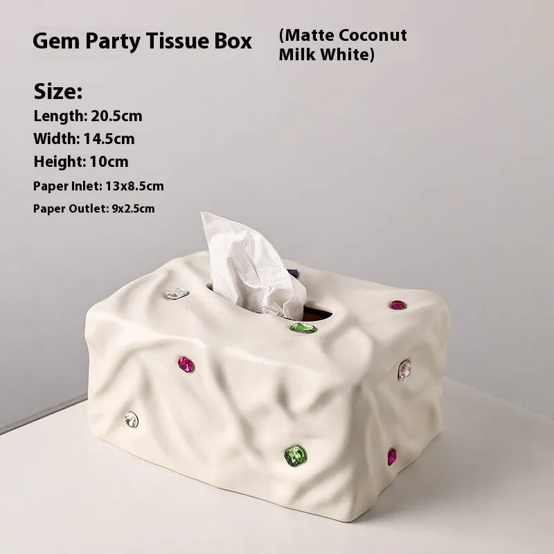 Ceramic tissue box holder in light luxury gem party style, shown in matte coconut milk white and silver electroplated finishes.