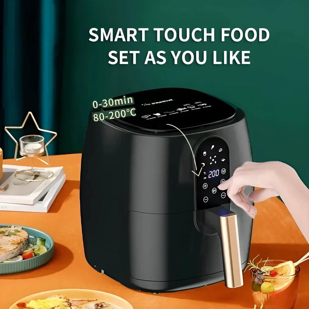 Black touch screen air fryer with digital display and non-stick Teflon basket.