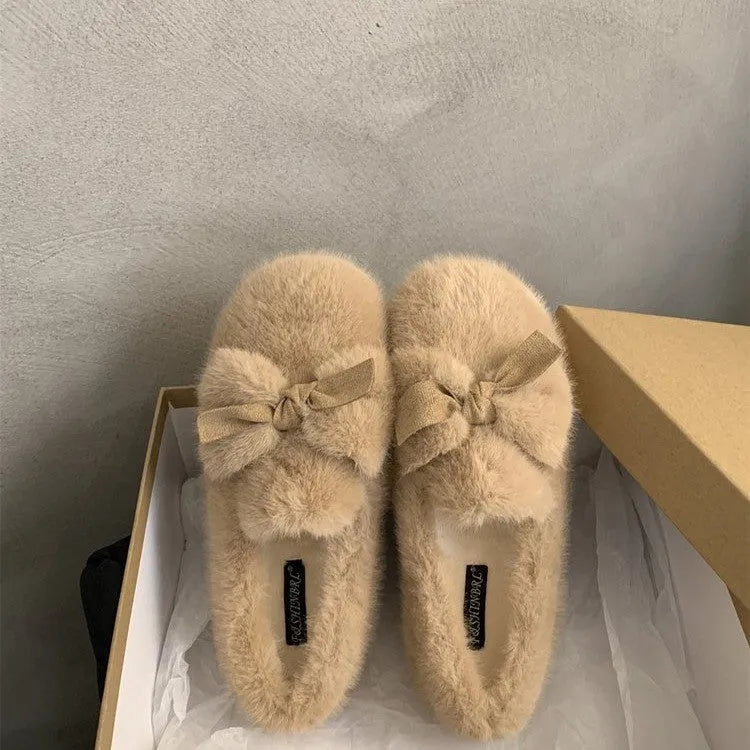 Ladies winter warm bow tie shoes with suede upper, plush lining, and rubber sole in black