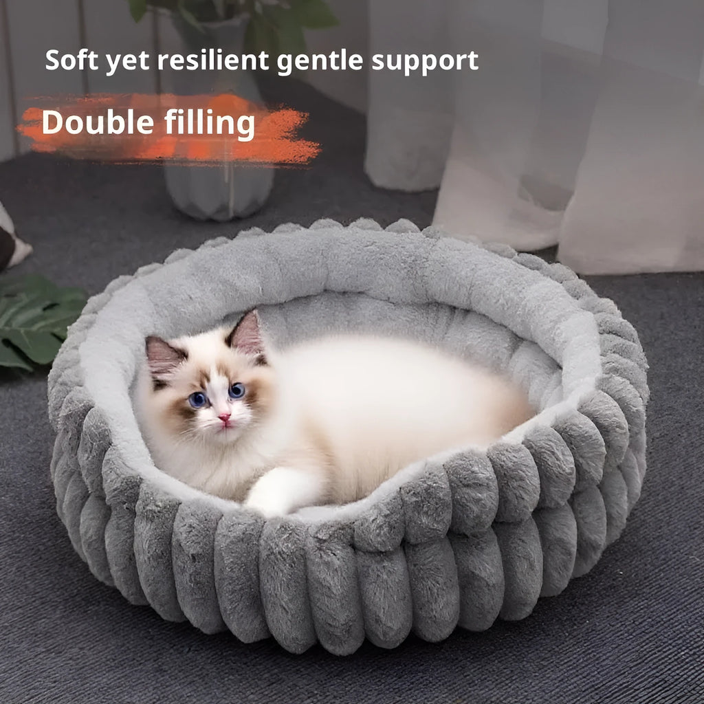 Round plush pet cat bed in khaki colour with rabbit design, diameter 40cm, low 15cm height