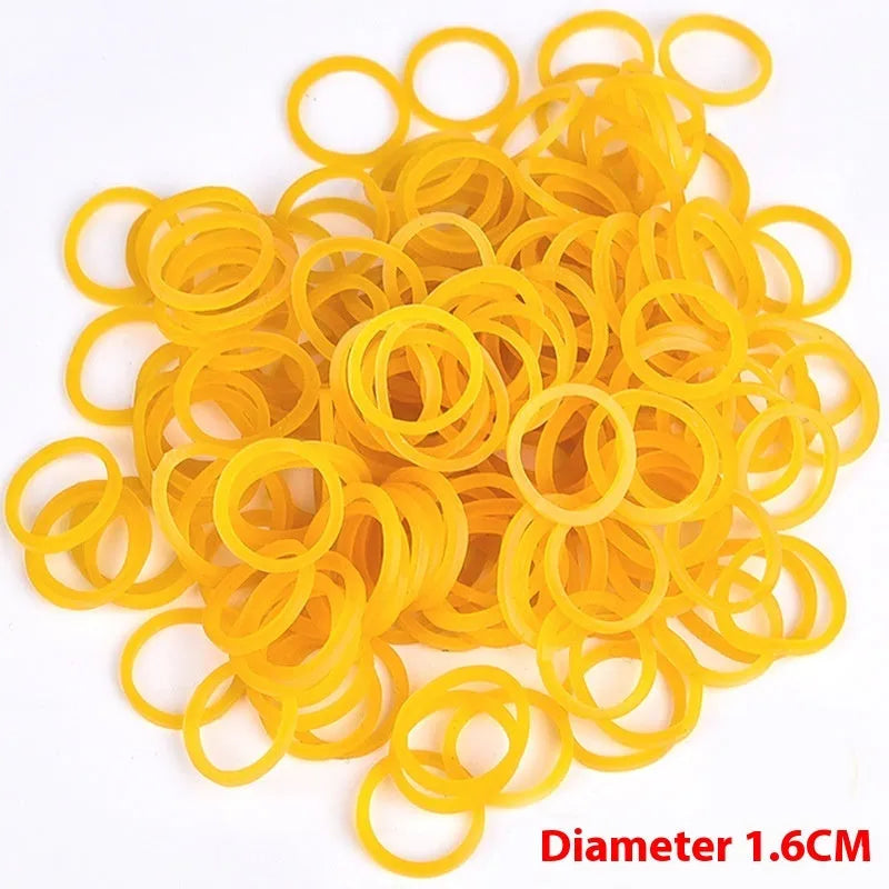 500g pack of mixed diameter yellow rubber bands showing 16mm to 70mm sizes