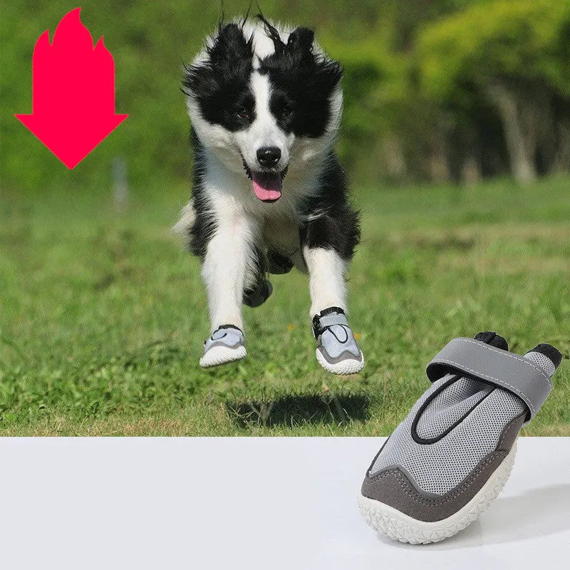Grey pet shoes for big dogs with super-fiber toe cap, breathable mesh, reflective tape, and rubber outsole on a white background