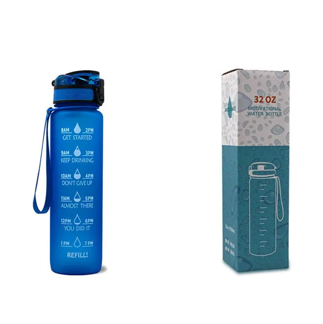 Blue and red gradient 1 litre Tritan sports water bottle with time markers and flip-top lid