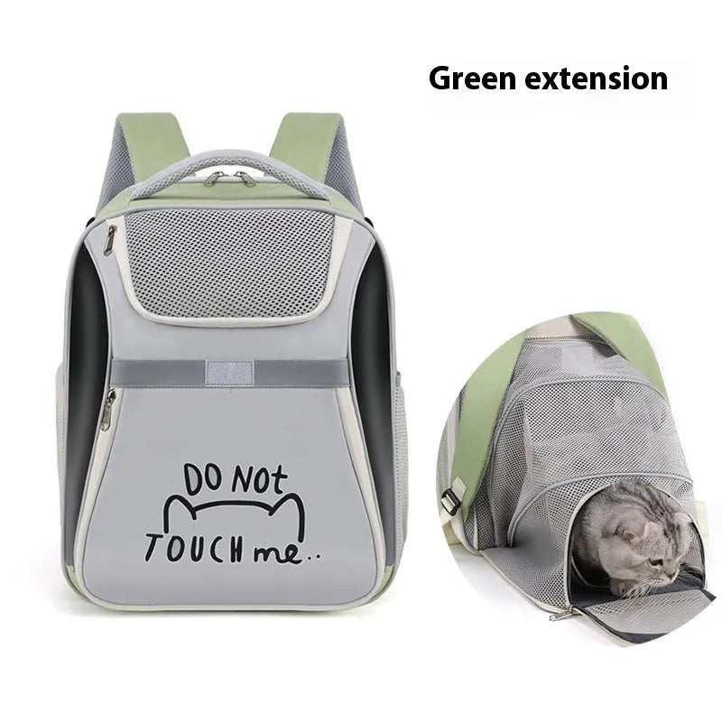 Expandable pet backpack in beige with contrast-pattern PVC Oxford material, medium capacity, on display