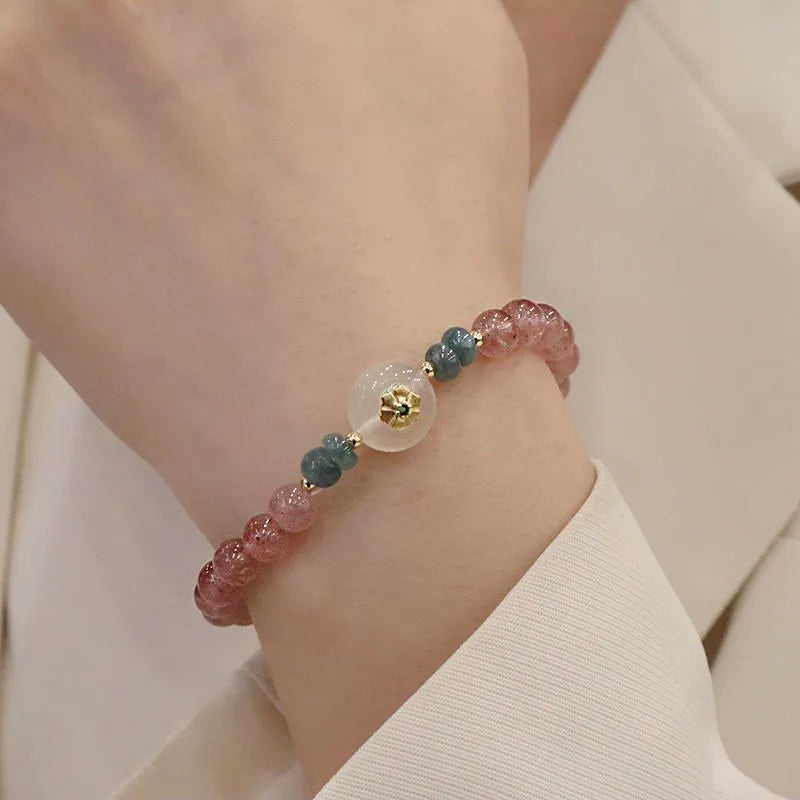 Women's strawberry quartz bracelet with blue water emerald round jade pendant geometric design