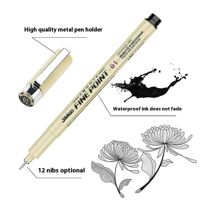 Waterproof black ink needle pen with syringe cartoon art on a 133mm plastic body.