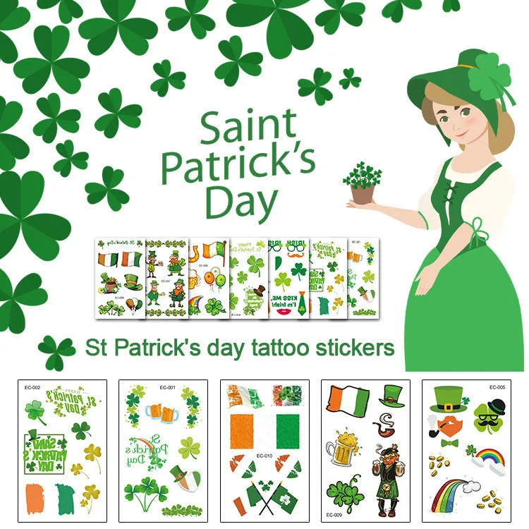 Sheet of temporary Irish flag and clover tattoo stickers for St. Patrick's Day, size 120mm by 75mm.