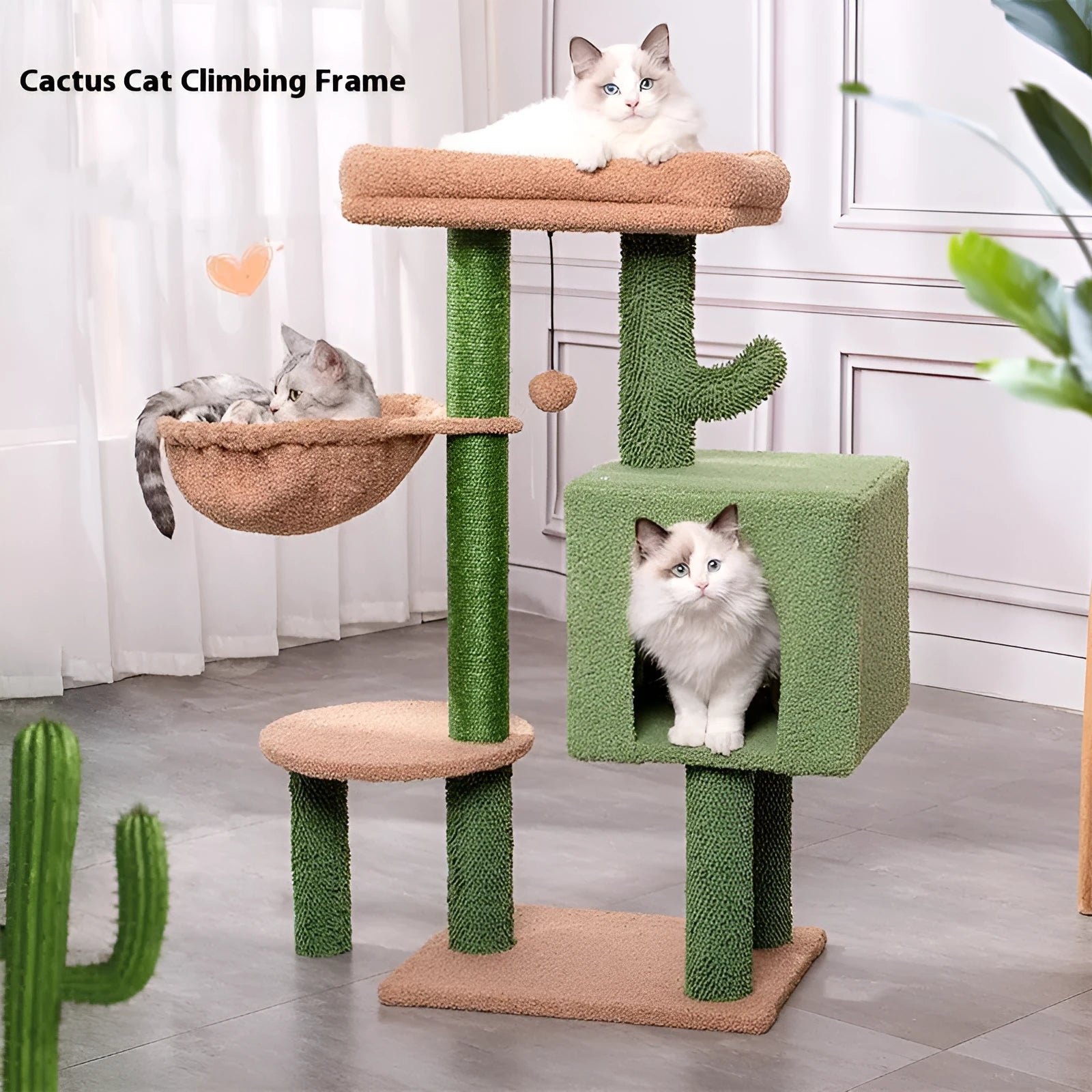 Green cactus wooden cat climbing frame 43x33x87cm with jumping platform and shelf for small and medium-sized cats